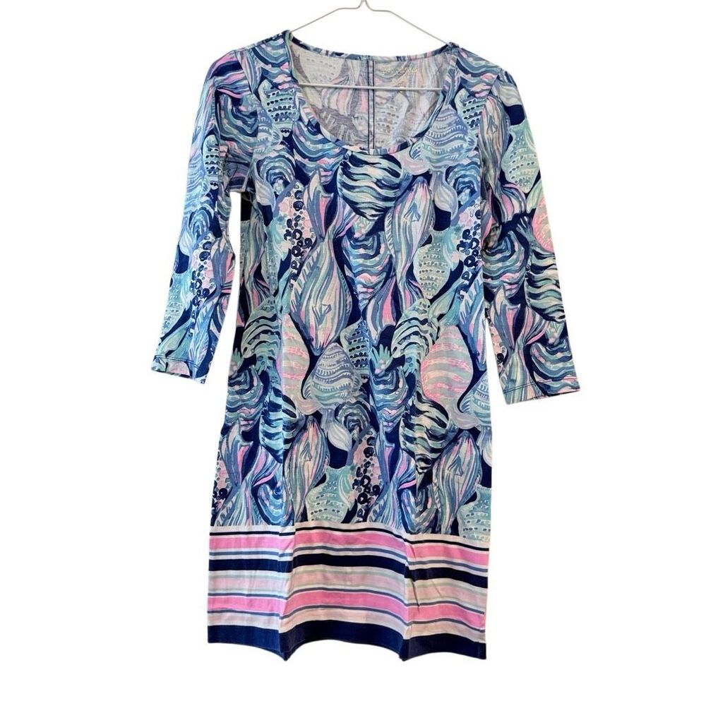 Lilly Pulitzer Beacon Cotton Scoop Neck 3/4 Sleeve T-Shirt Dress Pink Blue XS